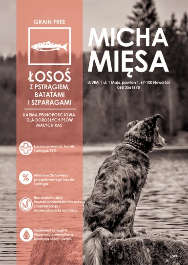 Micha Mięsa - Bezzbożowa karma dla dorosłych psów małych ras – Łosoś z pstrągiem, batatami i szparagami