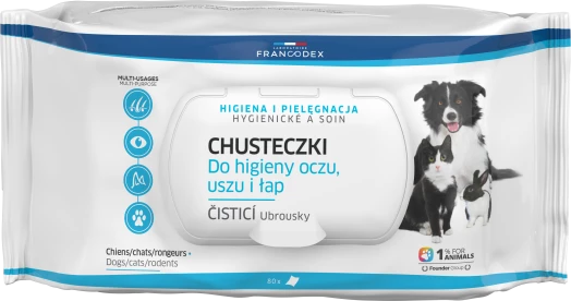 Francodex - Chusteczki do czyszczenia oczu, uszu, łap dla zwierząt - 80 szt.