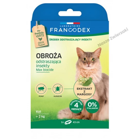 FRANCODEX - Obroża odstraszająca insekty dla kotów powyżej 2 kg, 43 cm