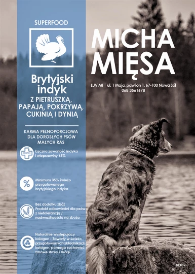 Micha Mięsa - Bezzbożowa karma dla psów małych ras - Superfoods 65 Indyk z wolnego wybiegu