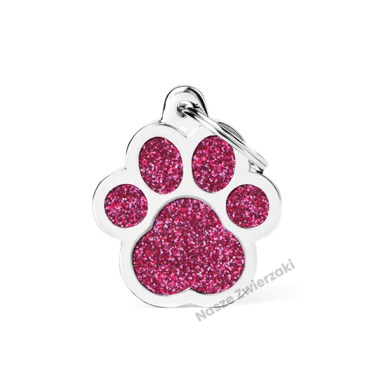 Adresówka Shine duża łapka różowa błyszcząca - brokatowa adresówka dla psa