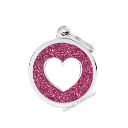 Adresówka Shine duże błyszczące kółko różowe z sercem - brokatowa adresówka dla psa